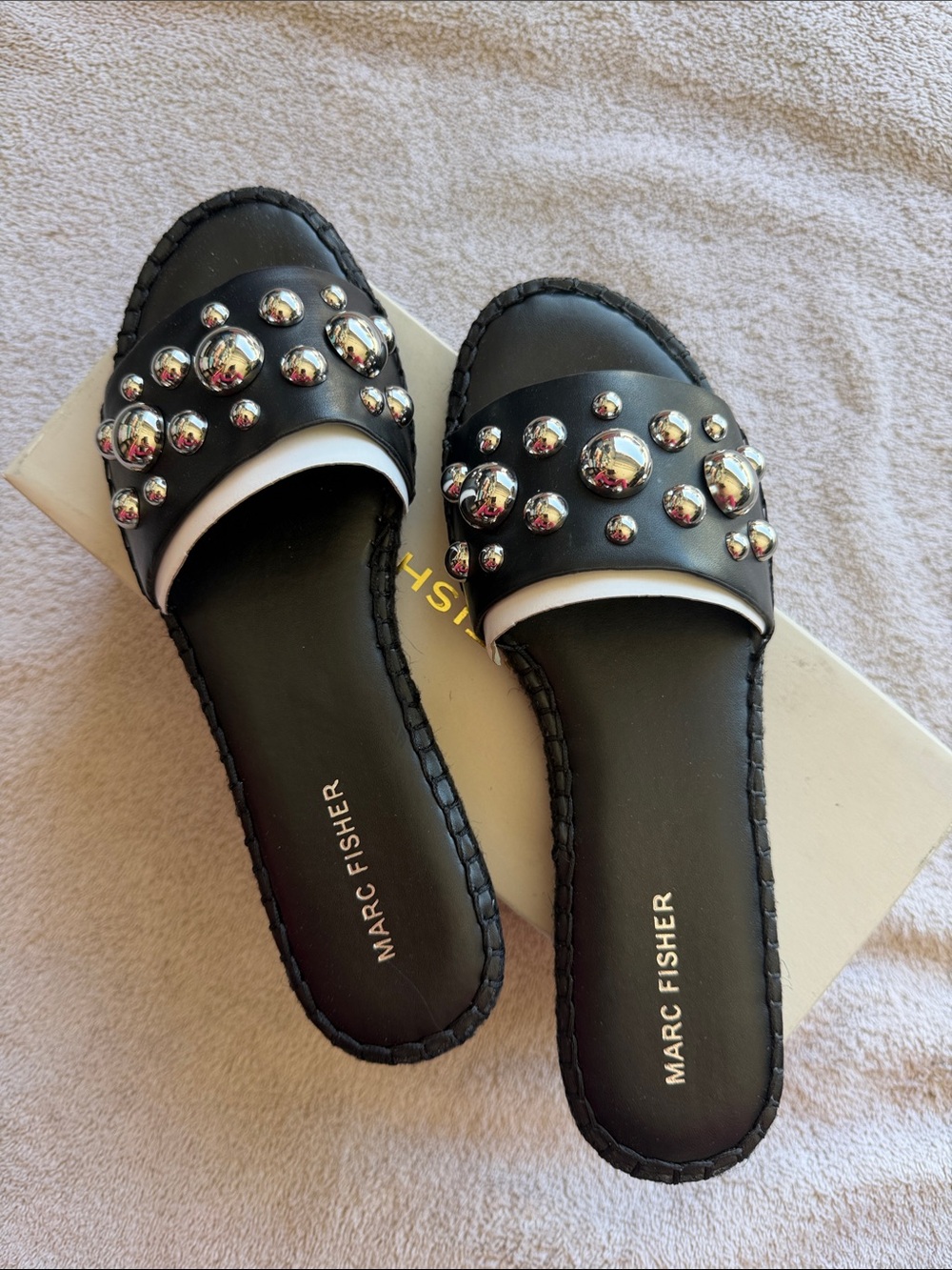 Marc Fisher Black Slide Sandals with Silver Stud Embellishments